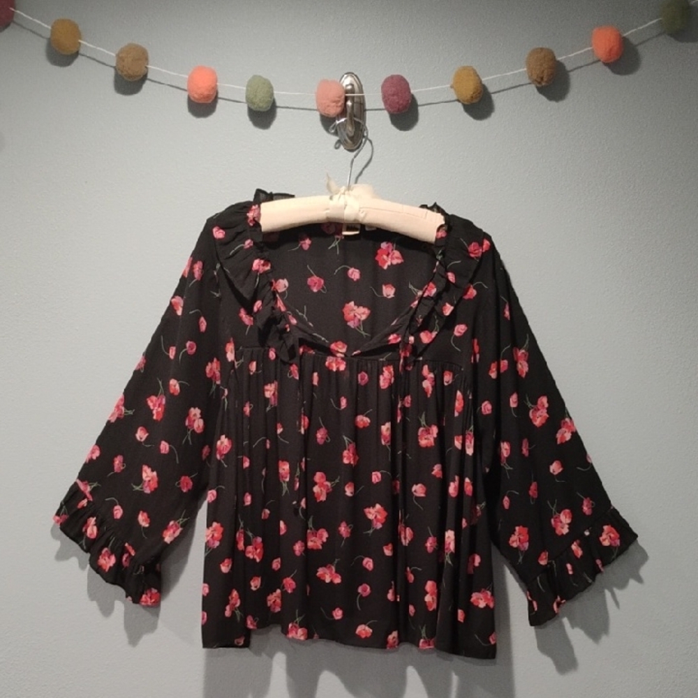 GAP Black Blouse with Pink Floral Print